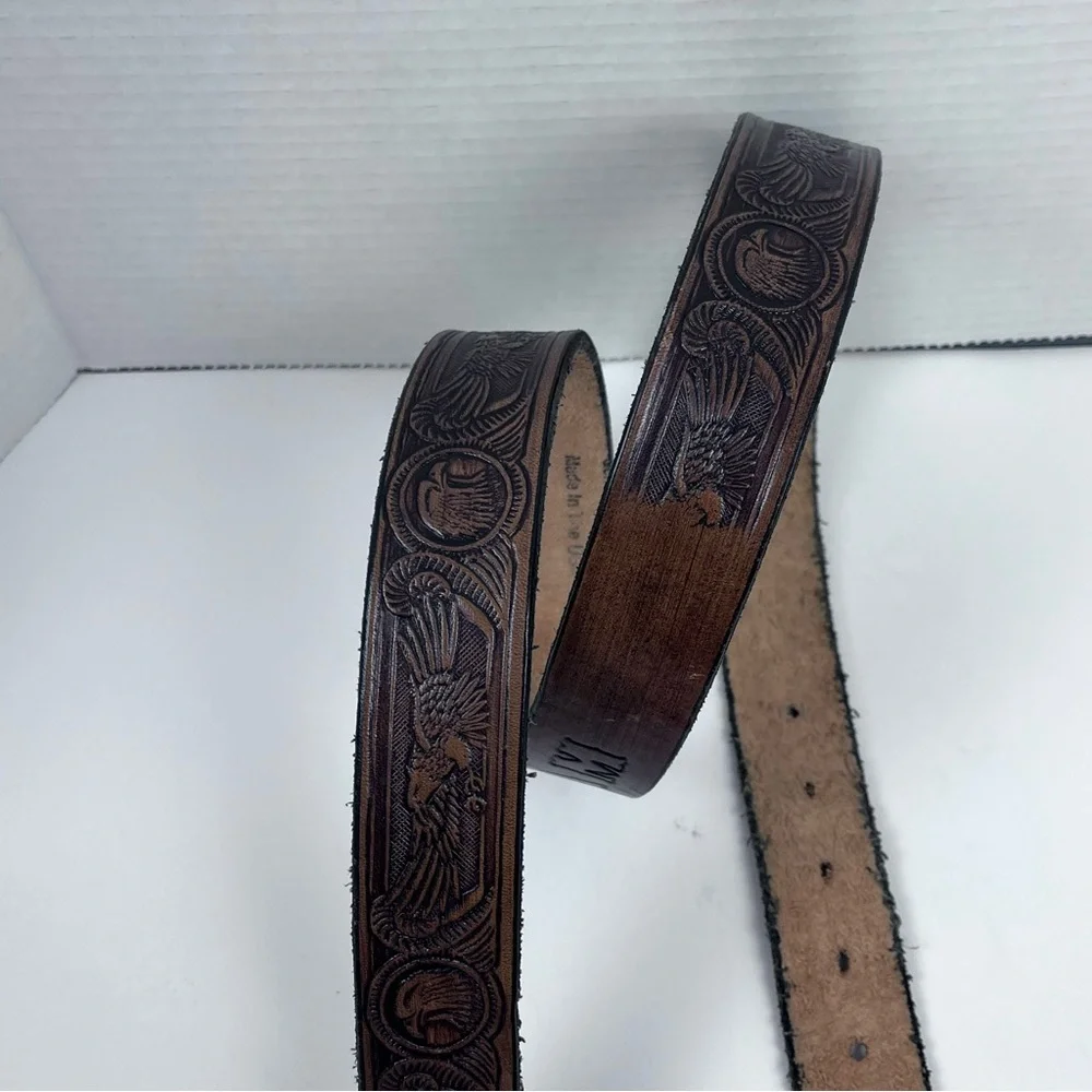 Men's Genuine Leather Hand Tooled & Embossed Eagle Themed Brown Belt Size 42